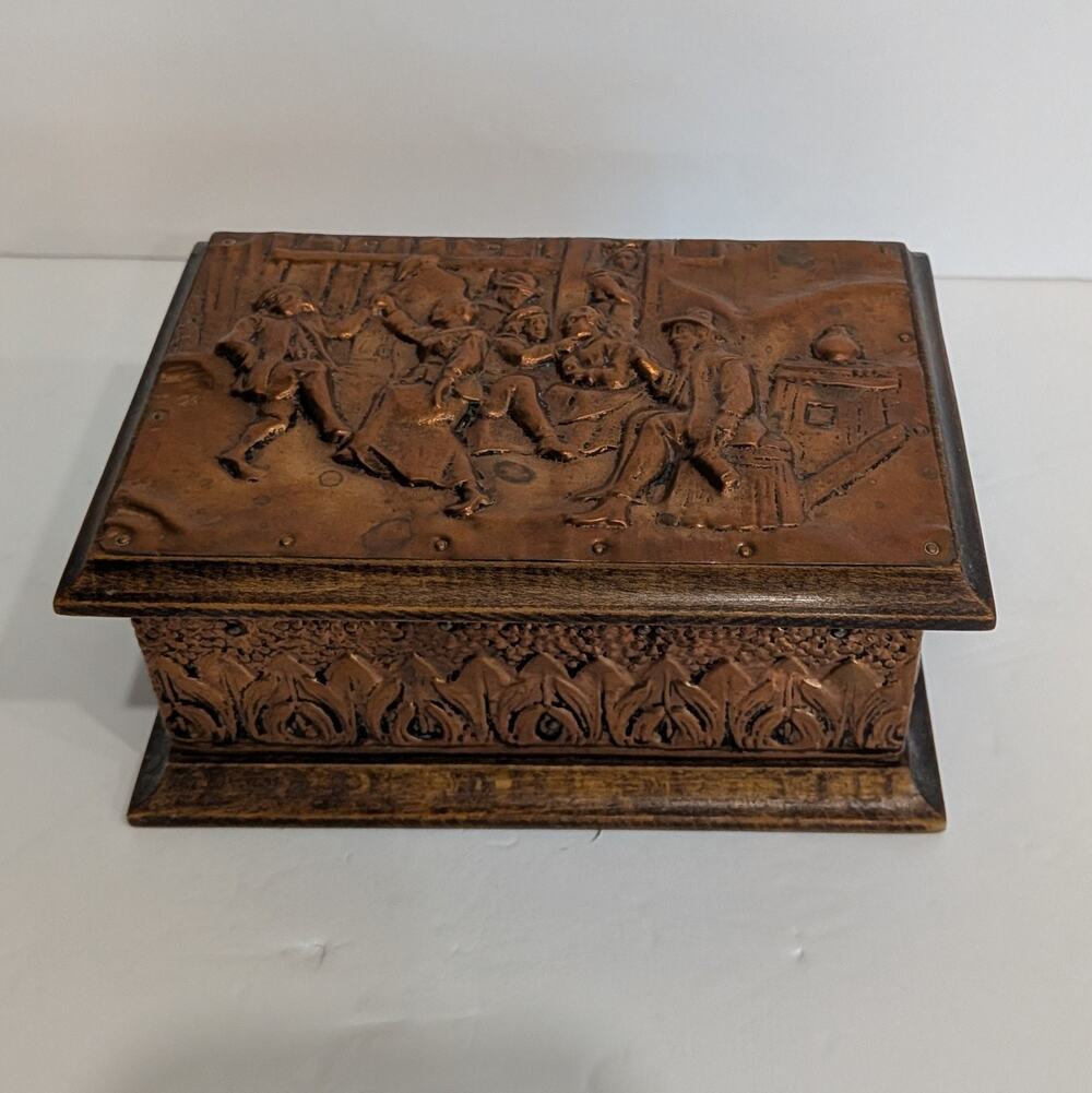 Vintage Embossed Copper Box Tavern Scene Trinket Wood Casket Jewelry Chest